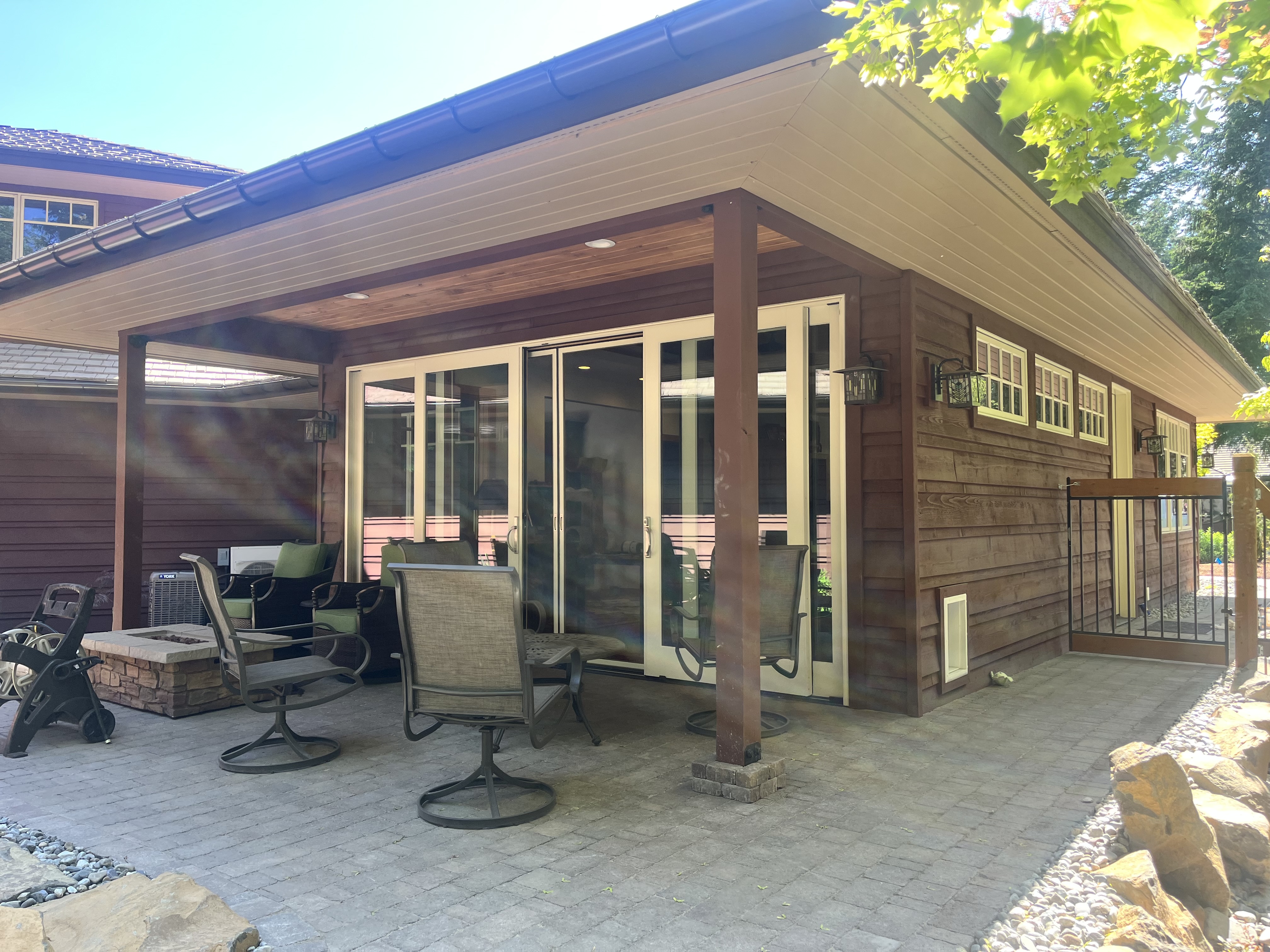 Outdoor patio with stained wood